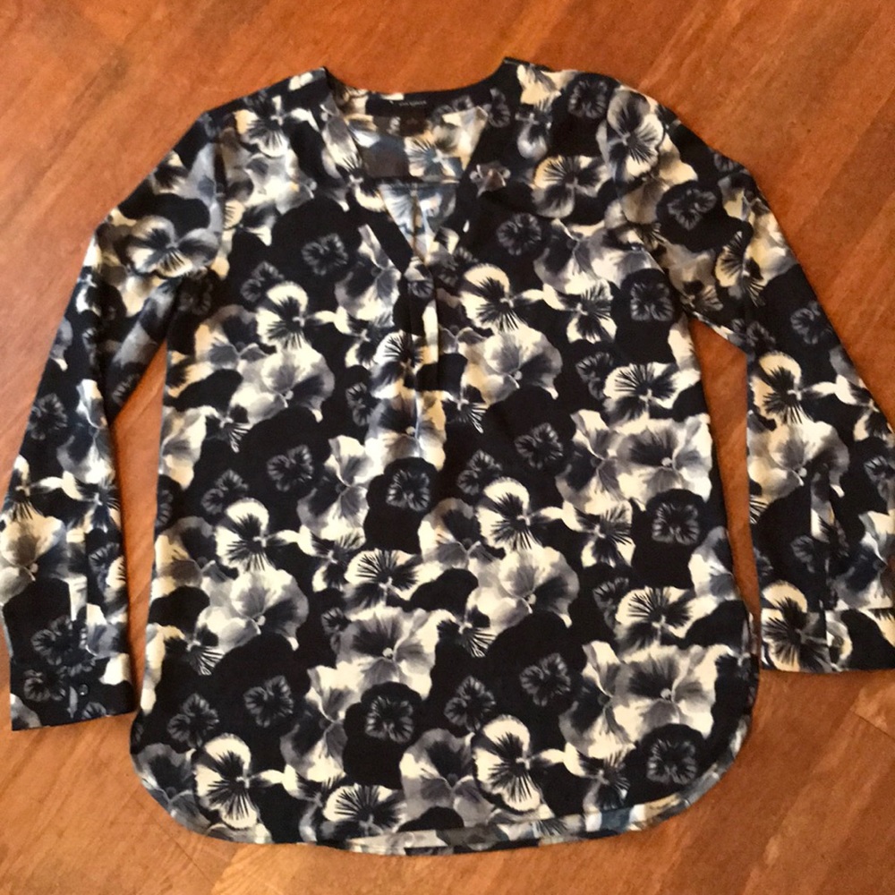 Ann Taylor; Blouse, Longsleeve, V-neck, Navy blue